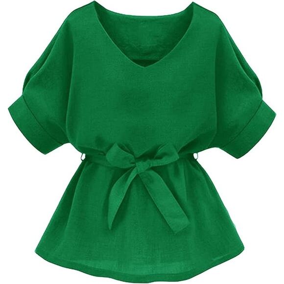 Women’s XL Green V Neck Short Sleeve Self Tie Blouse Tunic Top - Picture 2 of 4